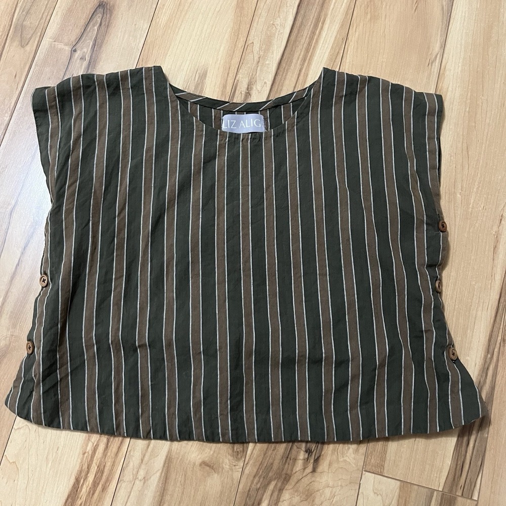 Liz Alig Hand Woven Cotton Shirt Artsy Laganlook Striped Side Button Detail Sz S